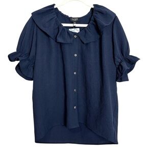 NWT GiGiO Navy Ruffle Collar Puff Sleeve Blouse Top Women’s Medium Cottagecore